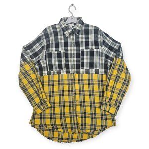 La Miel Colorblock Plaid Flannel Shirt Small Yellow Black Distressed Long Sleeve